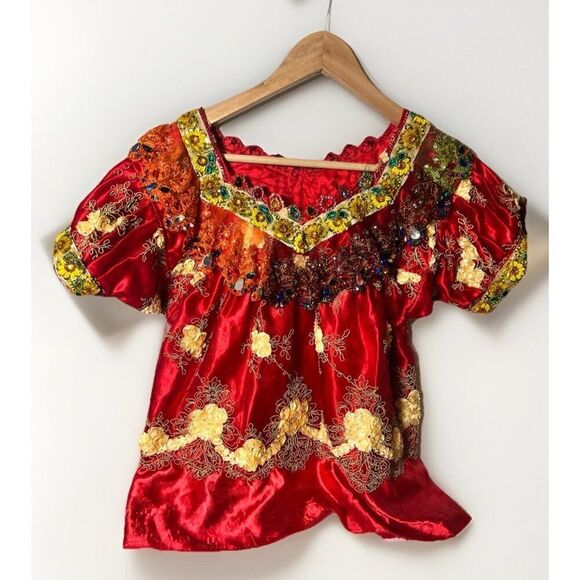 Boho Peasant Blouse Top Floral Retro Crystals Lace Sequins Sz Small Regency.   H - Picture 1 of 10